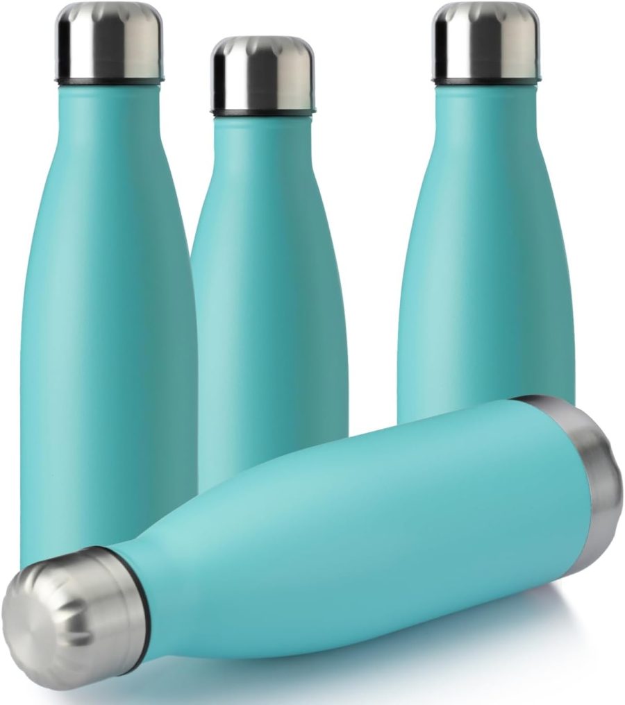 17oz Sport Water Bottle 4 Pack Vacuum Insulated Stainless Steel Leak-Proof Double Wall Cola Shape Water Bottle,Keep Drinks Hot & Cold(Light Blue,4 Pack)