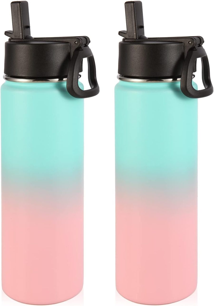 Insulated Water Bottles with Straw Bulk 2 Pack, 22 oz Stainless Steel Sport Bottle with Handle Lid,Metal Travel Water Cups with Wide Mouth,Reusable Water Flask for School(Green Pink,2 Set)