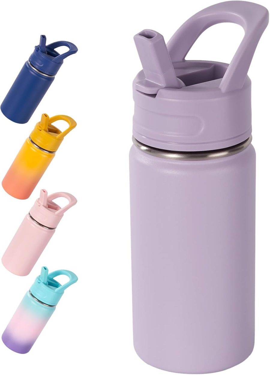 12oz Kids Water Bottle for School, Toddler Bottles with Straws, Stainless Steel Vacuum Insulated Water Bottle for Boys&Girls, Leak-Proof, BPA-Free, Purple