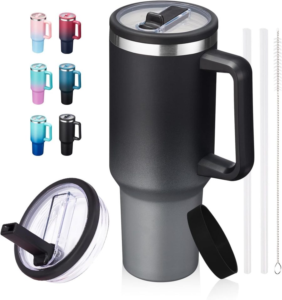 40 oz Water Bottle Tumbler with Flip Straw - Wide Mouth Travel Coffee Mug with Handle, Reusable Leakproof Stainless Steel Vacuum Insulated Traveler Cup for Hot & Cold Drink