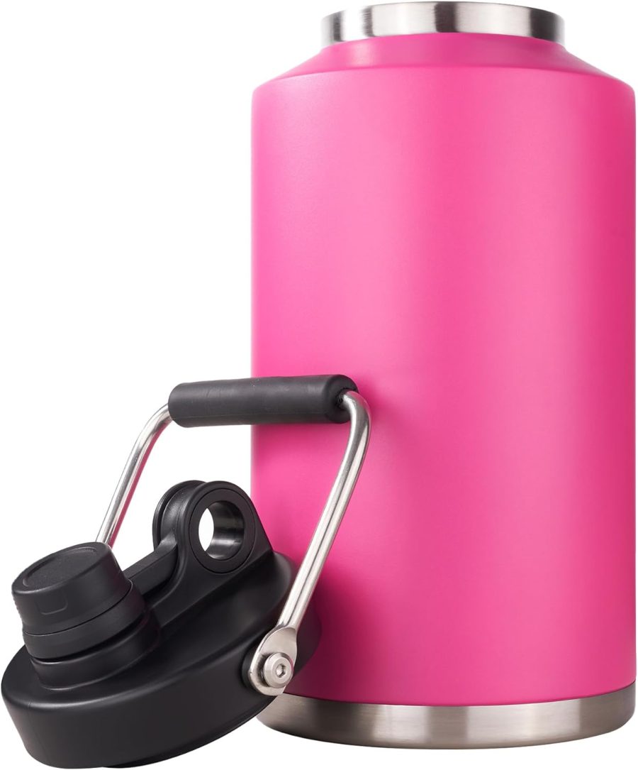 Insulated Gallon Jug with Handle, One Gallon, 128oz Stainless Steel, Large Double Vacuum Water Bottle for Hot & Cold Drinks, Wide Mouth, Sweat Proof, Great for Travel, Camping, Pink