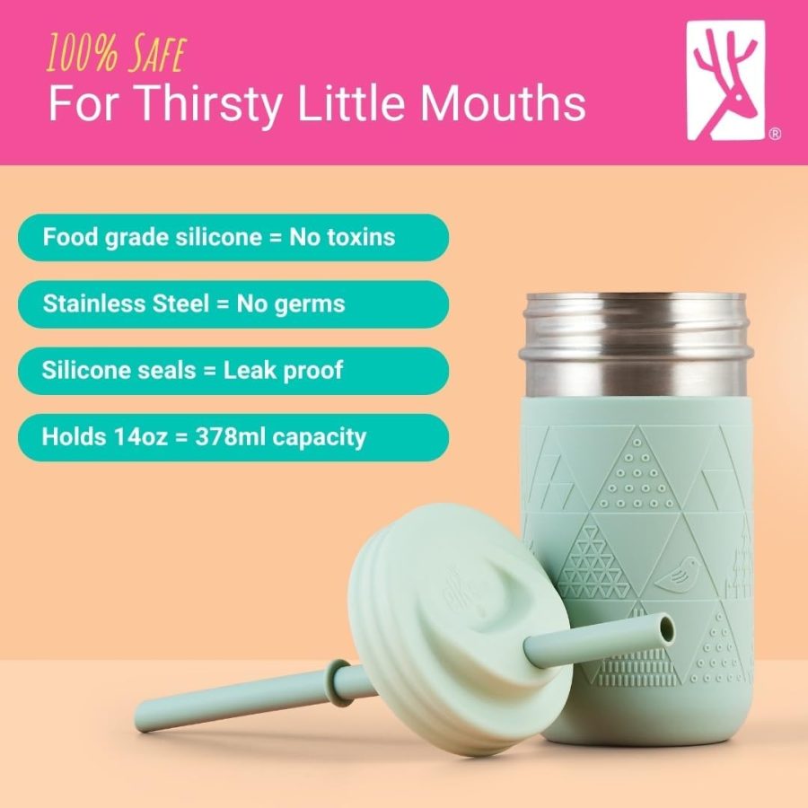 Stainless Steel Cups |14 oz Mason Jar design | Kids & Toddler Cups with Silicone Sleeves & Straws with Stopper | Smoothie Cups | Dishwasher Safe - Image 2