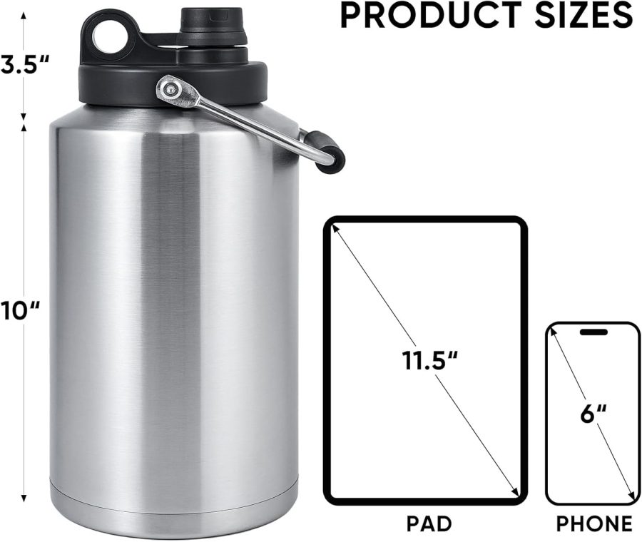 Insulated Gallon Jug with Handle, One Gallon, 128oz Stainless Steel, Large Double Vacuum Water Bottle for Hot & Cold Drinks, Wide Mouth, Sweat Proof, Great for Travel, Camping, Stainless - Image 2