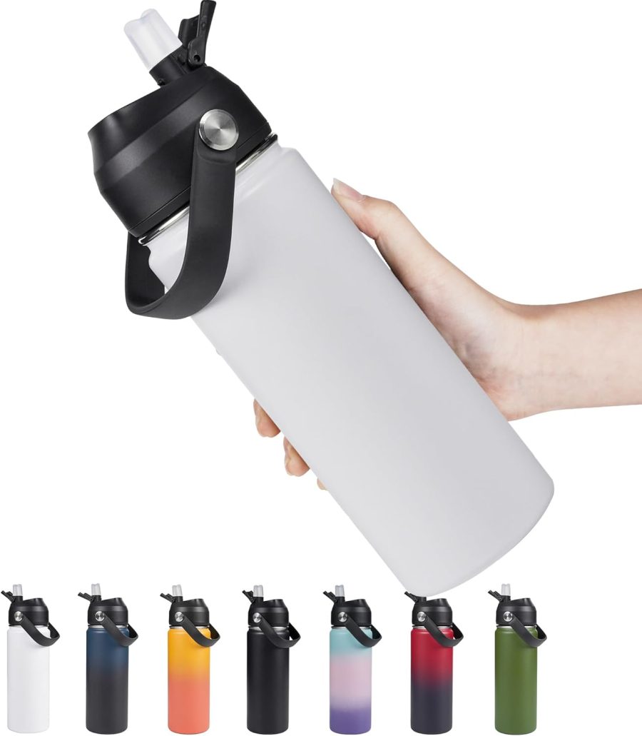 18oz Insulated Stainless Steel Water Bottle, Wide Mouth Double Wall Vacuum, Silicone Straw, Sweat & Leak Proof, BPA Free Insulated Water Flask for Travel, Keep Cold 24h Hot 12h, White