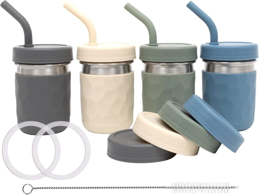 2-in-1 Drinking Cups for Kids, Durable Stainless Steel Tumbler for Smoothies, Silicone Straws with Stoppers, Premium Plastic Twist Lids, Easy-Grip Sleeves, Set of 4 Dishwasher Safe Kid Cups