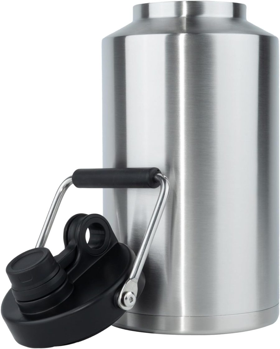 Insulated Gallon Jug with Handle, One Gallon, 128oz Stainless Steel, Large Double Vacuum Water Bottle for Hot & Cold Drinks, Wide Mouth, Sweat Proof, Great for Travel, Camping, Stainless