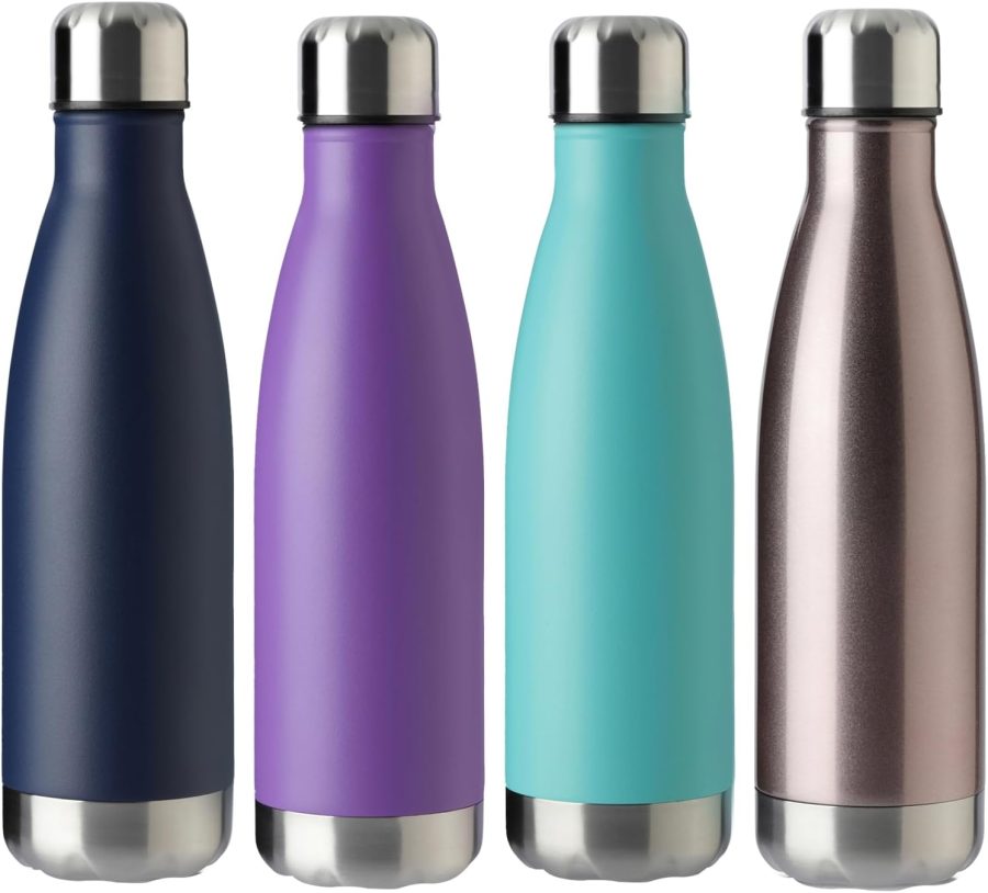 17oz Sport Water Bottle 4 Pack Vacuum Insulated Stainless Steel Leak-Proof Double Wall Cola Shape Water Bottle (Purple/Light Blue/Navy/Rose Gold, 4 Pack)