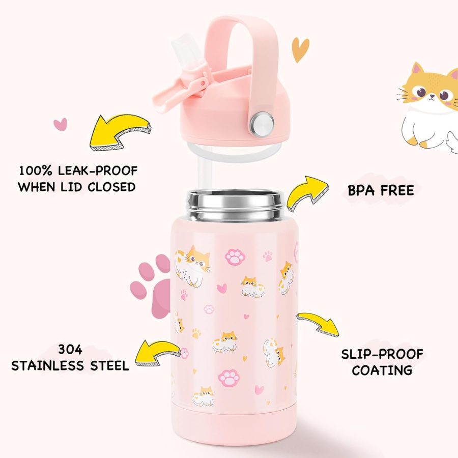 12oz Kids Water Bottle, Stainless Steel Insulated Water Bottle For Kids, Toddler Cup With Straws Leak-proof, Kids Water Bottles For School Boys Girls, BPA Free, Kitty - Image 2
