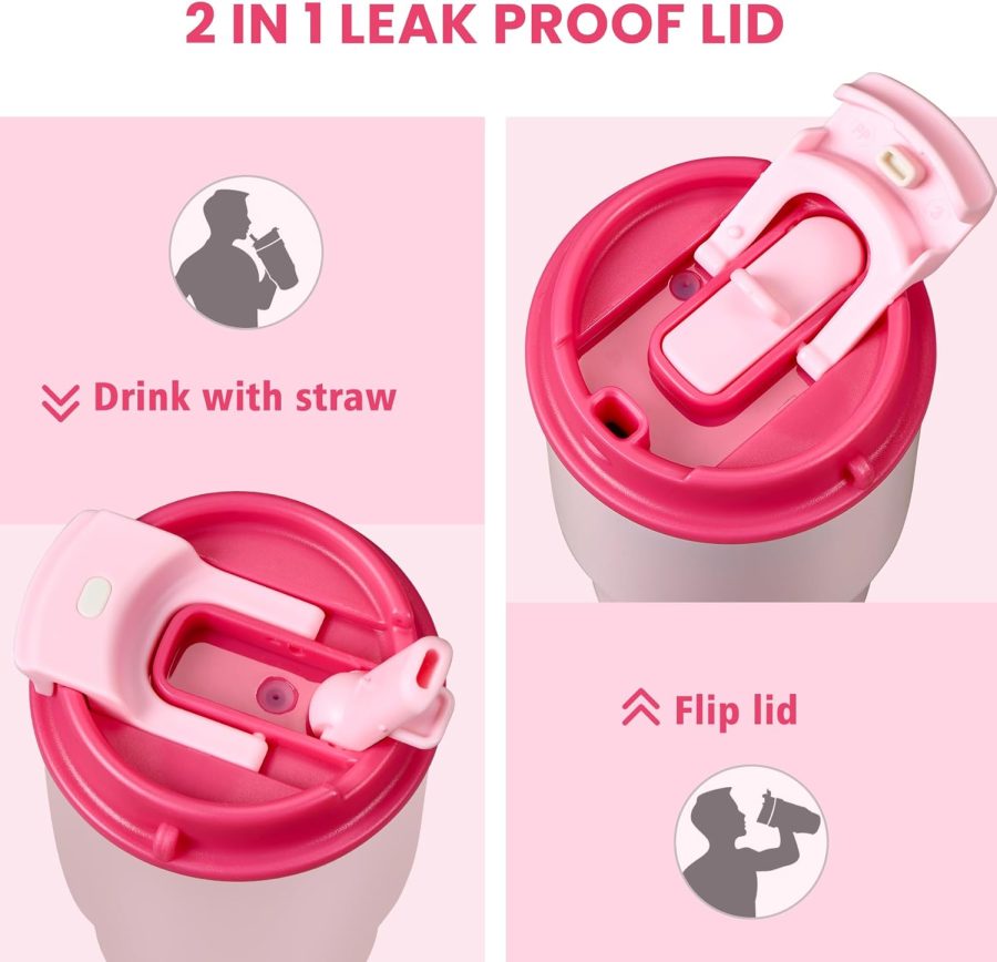 13.5oz Kids Insulated Tumbler with Lid and Straw, BPA-Free Stainless Steel Kids Water Bottle, Leak-Proof& Cupholder Friendly Tumbler for Boys & Girls -2 Pack(Pink+Purple)