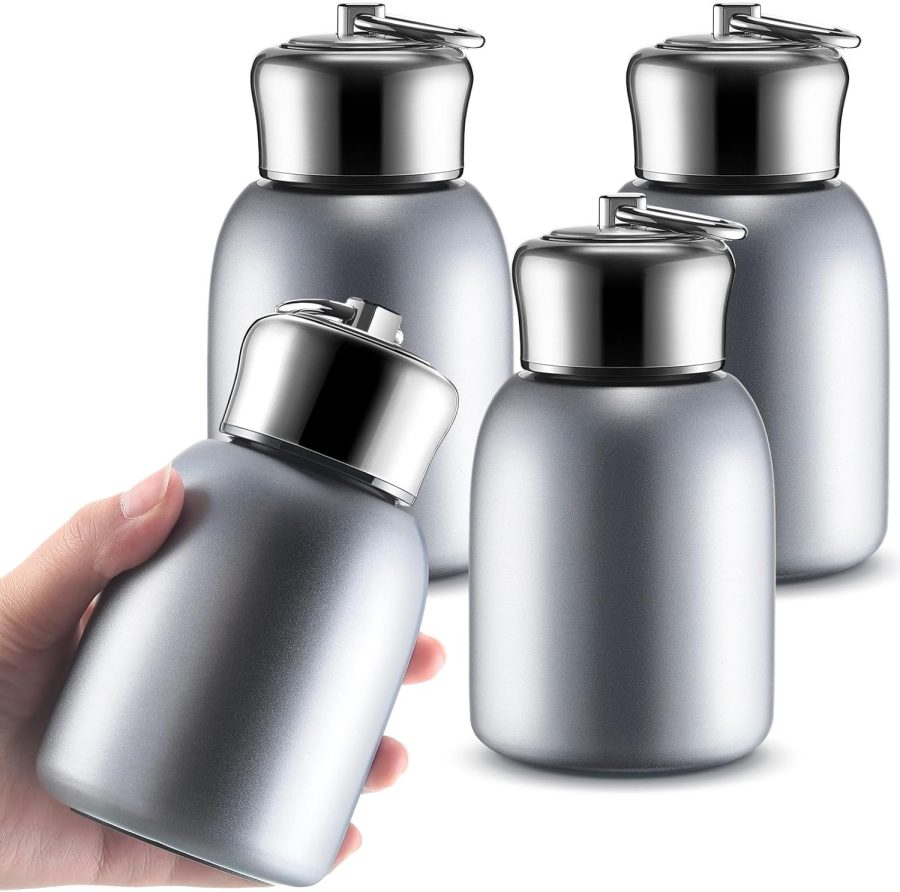 4 Pcs 10oz Mini Water Bottles Stainless Steel Slim Insulated  for Hot Cold Drink Thermal Small Vacuum Portable Water Bottle for Women Gifts Travel Camping Hiking (Silver)