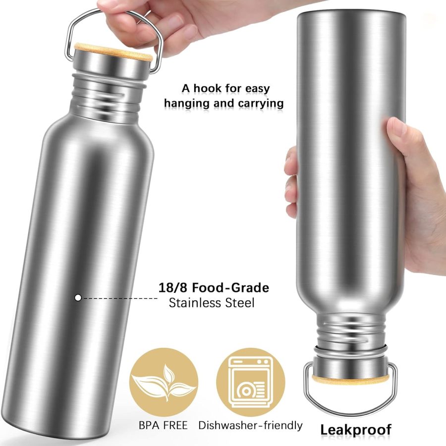 4 Pieces Camping Water Bottle Stainless Steel Large Metal Water Bottle with Handle and Bamboo Lid Leakproof Lightweight Single Wall Stainless Steel Sports Water Bottle (34 oz) - Image 2