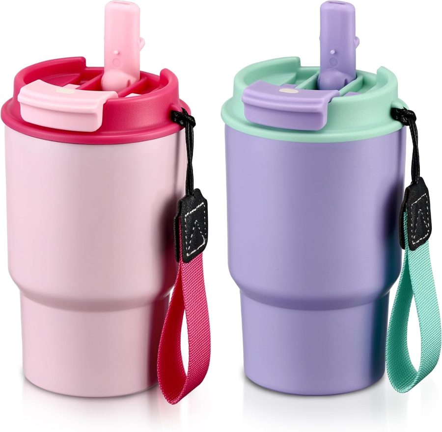 13.5oz Kids Insulated Tumbler with Lid and Straw, BPA-Free Stainless Steel Kids Water Bottle, Leak-Proof& Cupholder Friendly Tumbler for Boys & Girls -2 Pack(Pink+Purple)