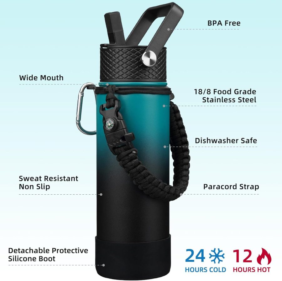 Insulated Water Bottle with Straw Lid, 22oz  Water Bottles with 3 Lids, Paracord Handle & Non-slip Boot, BPA Free Leak Proof Stainless Steel Tumblers,Army Green & Black - Image 2