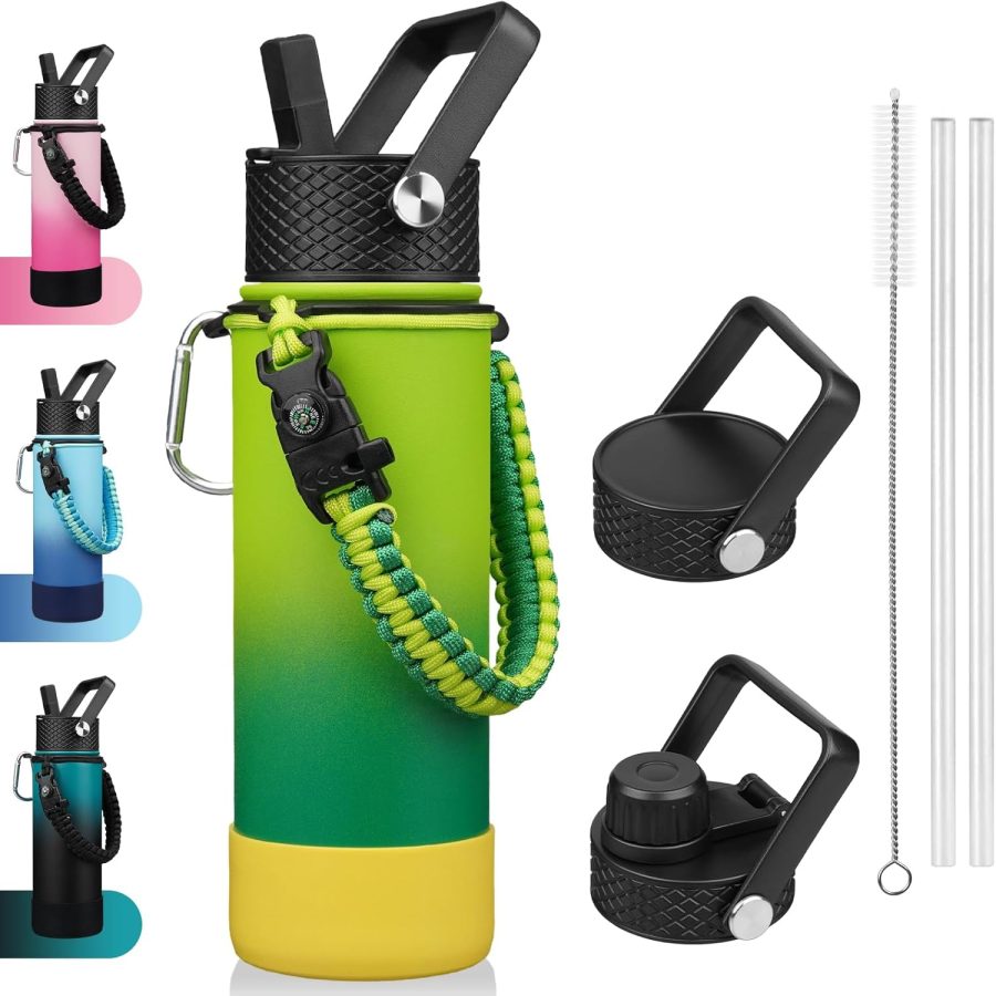 Insulated Water Bottle with Straw Lid, 22oz  Water Bottles with 3 Lids, Paracord Handle & Non-slip Boot, BPA Free Leak Proof Stainless Steel Tumblers,Bamboo Grove