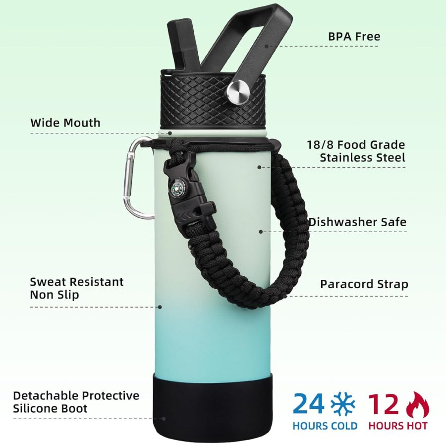 Insulated Water Bottle with Straw Lid, 22oz  Water Bottles with 3 Lids, Paracord Handle & Non-slip Boot, BPA Free Leak Proof Stainless Steel Tumblers, Cups,Mint - Image 2