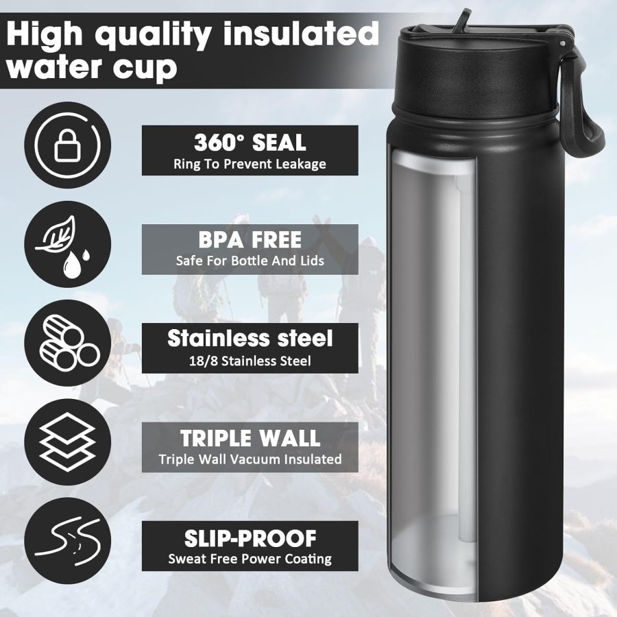 24 oz Insulated Water Bottle with Straw, Stainless Steel Double Wall Vacuum  with Straw Lid Leak Proof, Wide Mouth Lid, Keep Cold and Hot - Image 2