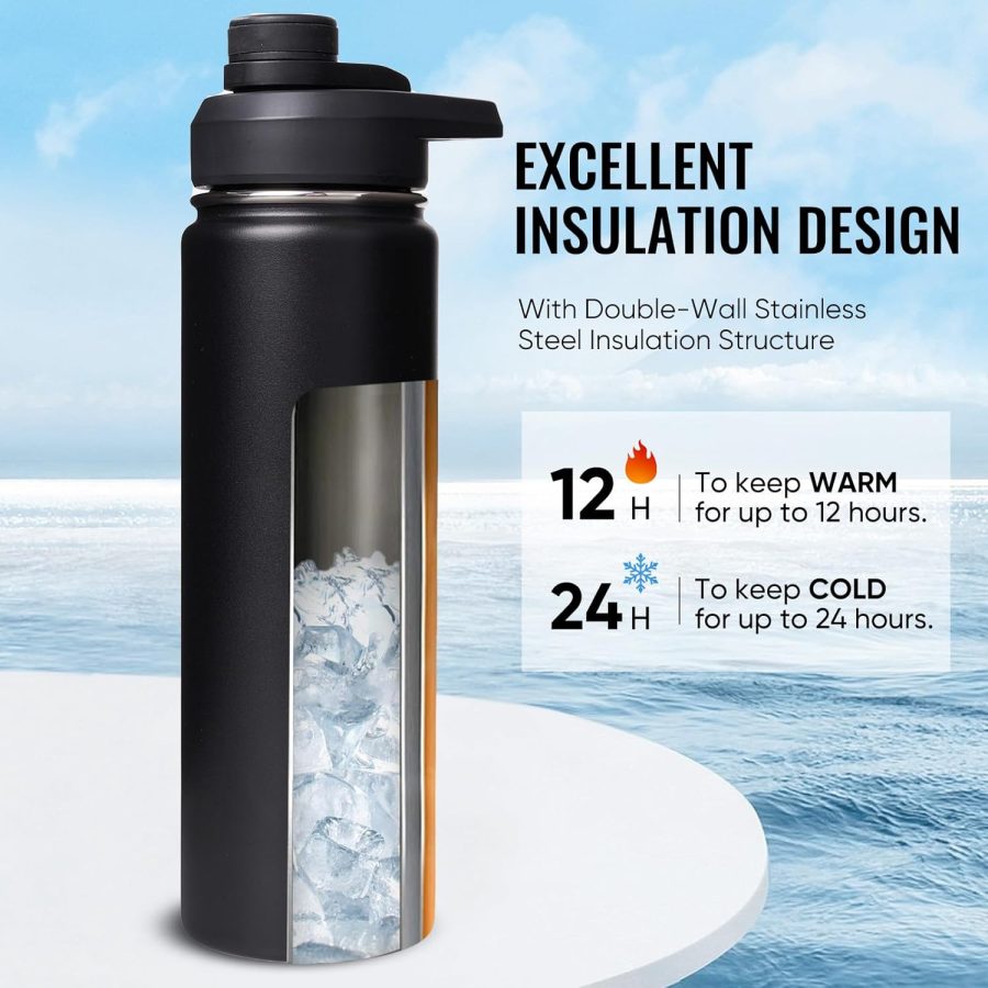 24 oz Insulated Water Bottle with Handle, 304 Stainless Steel Water Bottles with Wide Mouth, Double Wall Vacuum Sports Water Bottle, BPA Free, Keep Cold and Hot, Black - Image 2