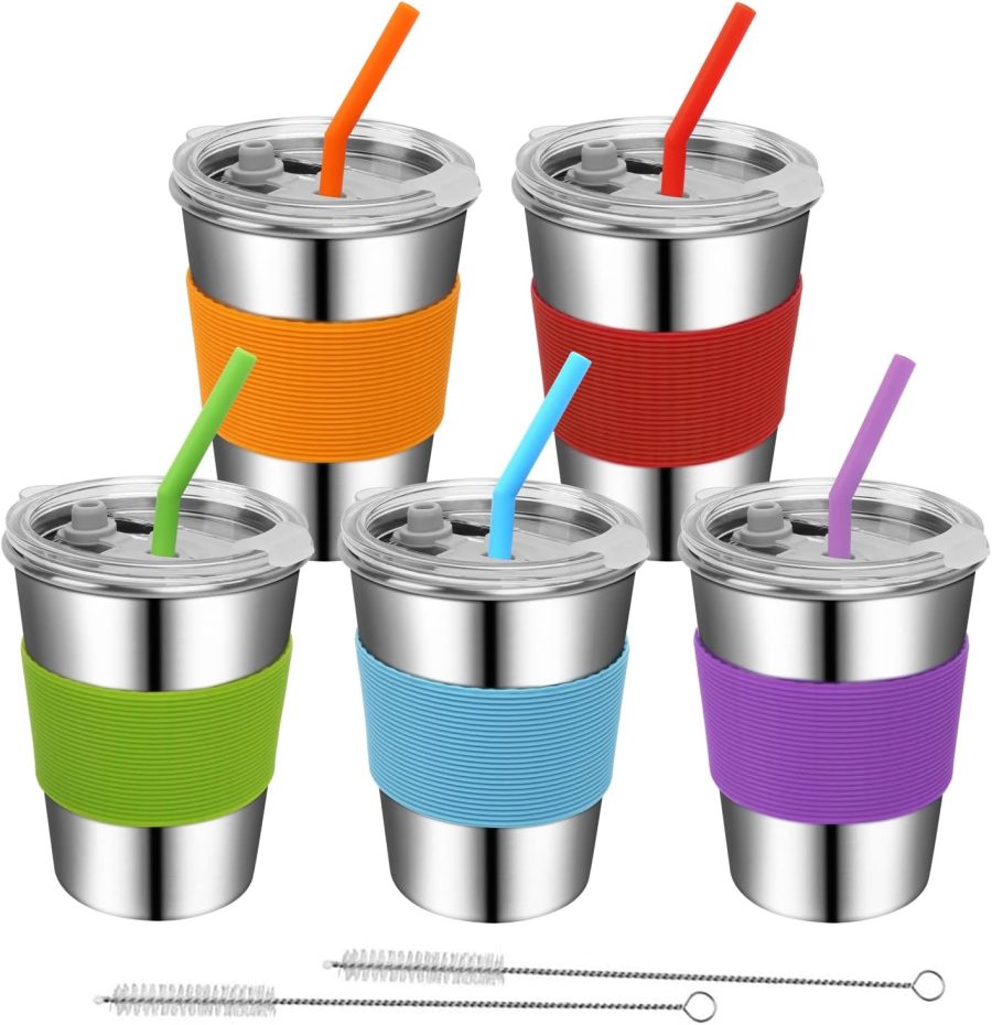 Toddler Cups with Straws, 18/8 Stainless Steel Children Smoothie Drinking Sippy Cups, Stacking & Reusable Kids Cups with Straws and Lids, 5 Pack, 12oz