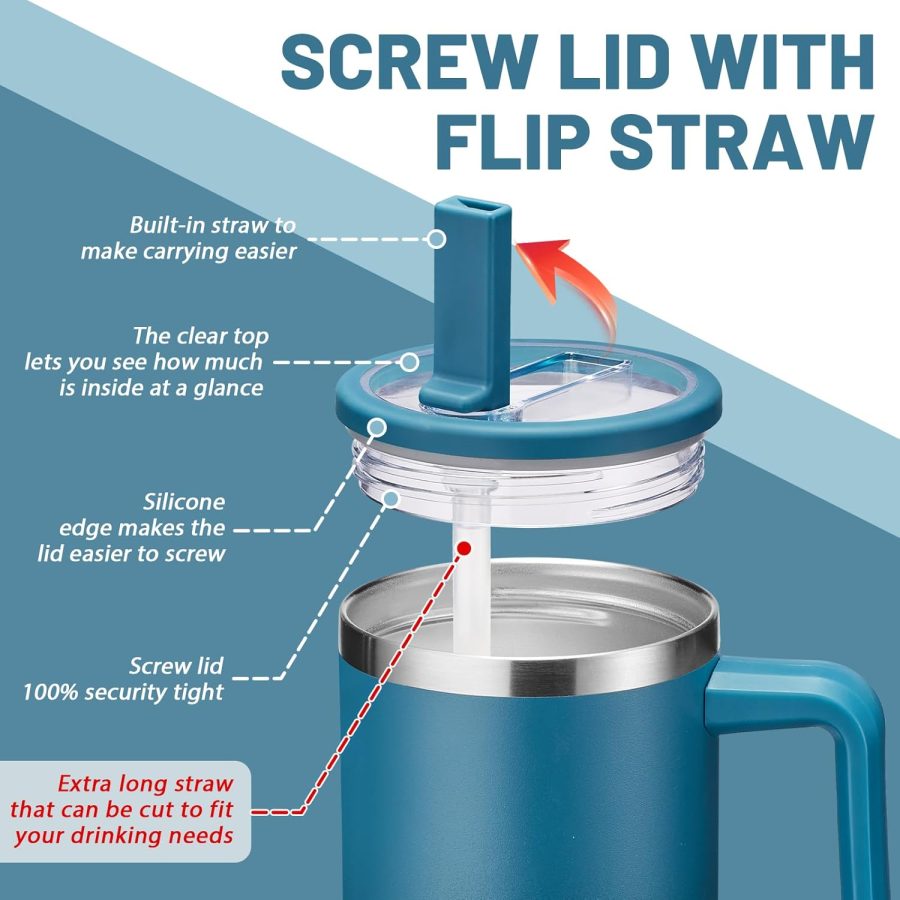 40 oz Water Bottle Tumbler with Flip Straw - Wide Mouth Travel Coffee Mug with Handle, Reusable Leakproof Stainless Steel Vacuum Insulated Traveler Cup for Hot & Cold Drink - Image 2