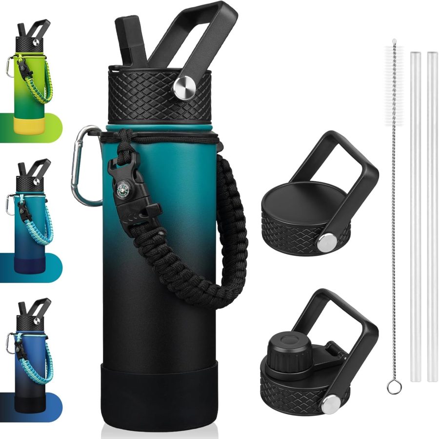 Insulated Water Bottle with Straw Lid, 22oz  Water Bottles with 3 Lids, Paracord Handle & Non-slip Boot, BPA Free Leak Proof Stainless Steel Tumblers,Army Green & Black